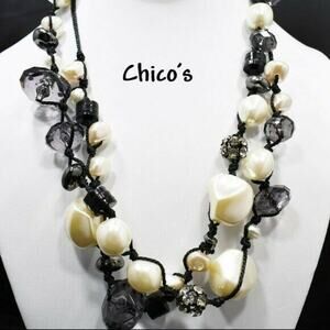 Chico’s Long Beaded Necklace Pearls Rhinestones Smoky Beads 47 Inches